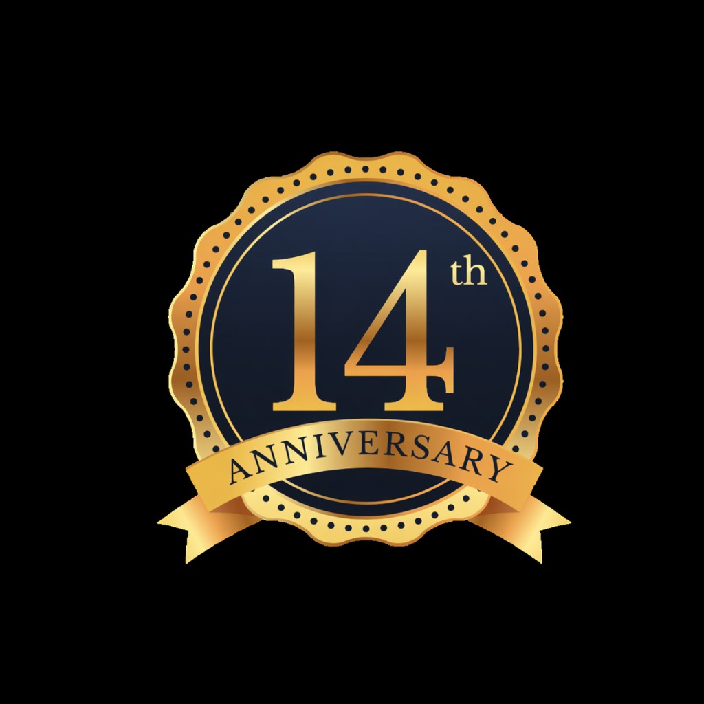 14th Anniversary milestone badge, gold and navy seal